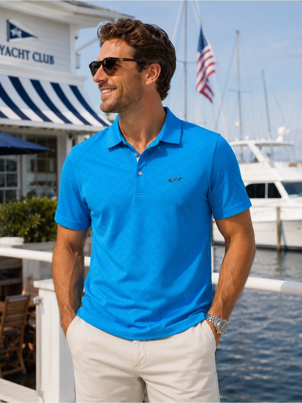 Greg Norman Performance Polo Shirt – Blue Geometric Print – Men’s Large